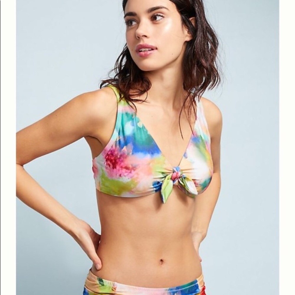 Multicolored Watercolor Tie Front Bikini Top